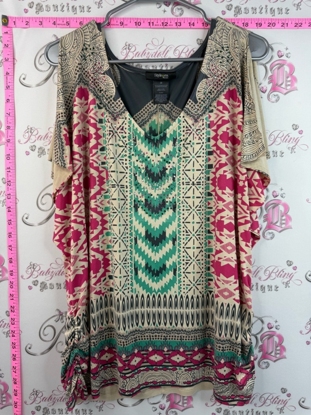 Style & Co. Mini dress or top Cream, Teal & Magenta Geometric Print Dolman Top
